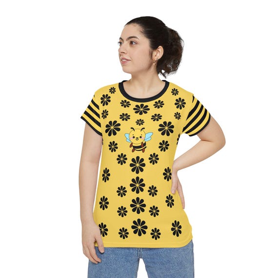 かわいい蜂のレディースTシャツ、黄色の花柄トップス、夏ファッション