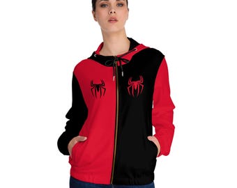 赤と黒のスパイダーパーカー：ゴシックハロウィンフルジップスウェット 