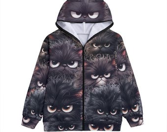 Angry Cat Zip Hoodie – Cute Dark Cat Jacket with Ears