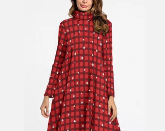 Women's Red Plaid Turtleneck Dress - Long Sleeve Winter Dress with Snowflake Print