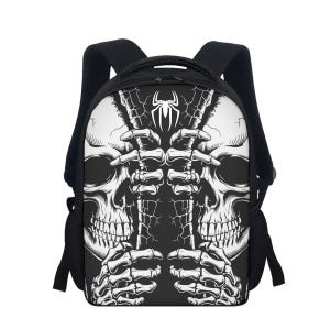 Puede incluir: Mochila negra con un diseño simétrico de dos calaveras y manos esqueléticas. Un gráfico de araña está centrado encima de las calaveras. La mochila tiene correas negras para los hombros y bolsillos laterales, ideal para libros.