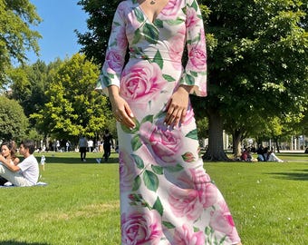 Abito lungo floreale rosa - Elegante abito da festa in giardino con scollo a V e maniche lunghe