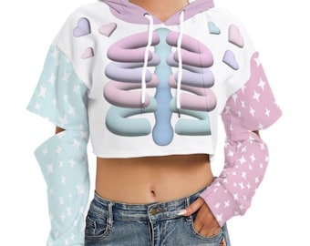 Kawaii Heaven Women's Cropped Hoodie with Pastel Skeleton Print and Hollow Out Sleeve