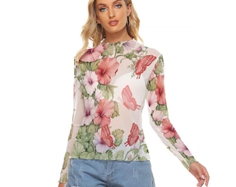 Top fleuri papillons en résille - Chemise transparente à manches longues