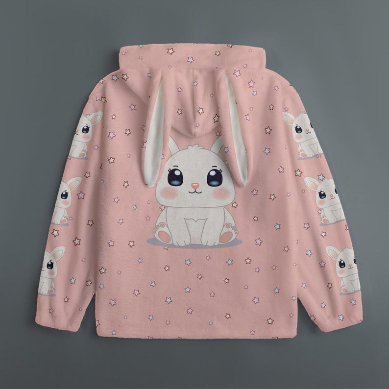Pink Bunny Ear Hoodie: Plush Pajama Top with Star Print image 3