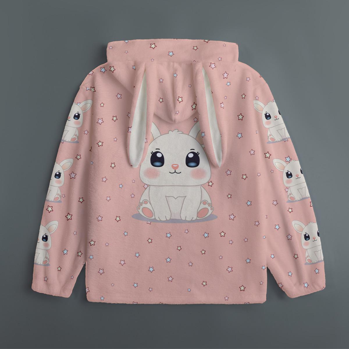 かわいいうさぎ耳パーカー – ピンクのフリースジップアップジャケット 