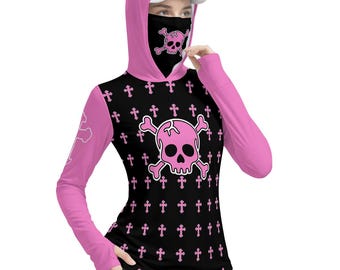 Pink Skull Hooded Top – Goth Sun Protection Shirt with Face Mask