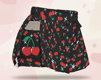 Falda pantalón con estampado de cerezas – Falda negra corta y bonita, ideal para el verano.