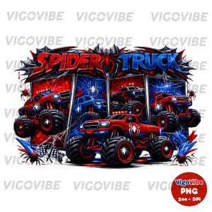May include: A graphic design featuring the text "SPIDER TRUCK" above illustrations of monster trucks. The trucks are red, blue, and black, with spider web and spider graphics. The background is red and blue.