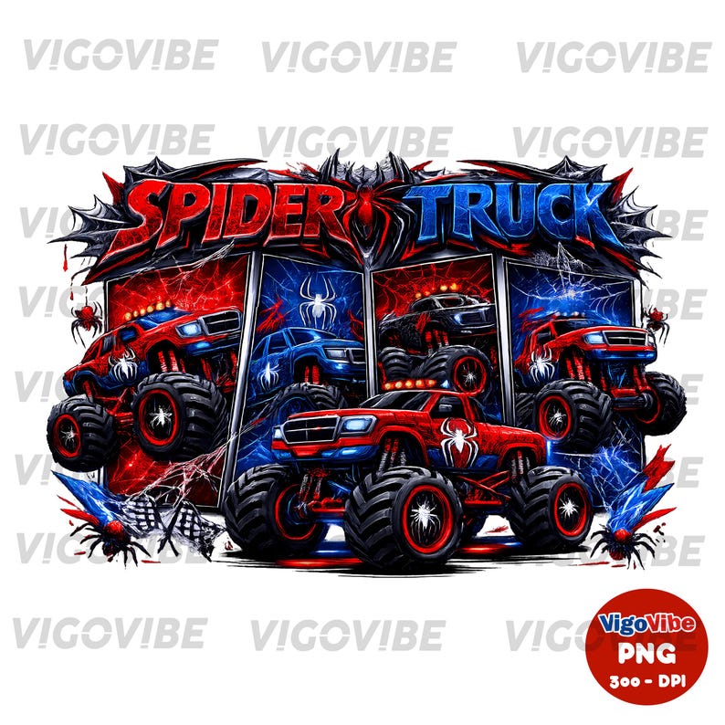 May include: A graphic design featuring the text "SPIDER TRUCK" above illustrations of monster trucks. The trucks are red, blue, and black, with spider web and spider graphics. The background is red and blue.