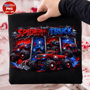 May include: Black fabric featuring a graphic of monster trucks with the text "SPIDER TRUCK" in red and blue. The design includes multiple trucks in red, blue, and black, with spider web and spider graphics.