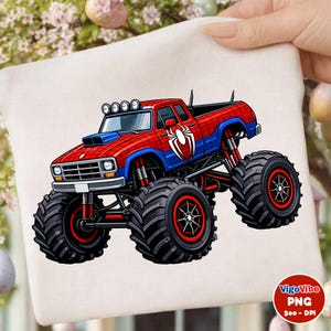 May include: A red and blue monster truck with a spider emblem on the side. The truck has large black tires with red accents and four lights on the roof. The image is on a white background.