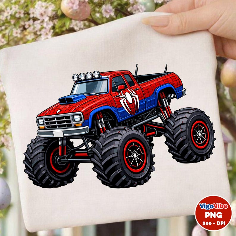 May include: A red and blue monster truck with a spider emblem on the side. The truck has large black tires with red accents and four lights on the roof. The image is on a white background.