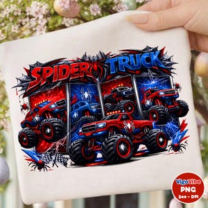 May include: A white tote bag featuring a graphic of monster trucks with the text "SPIDER TRUCK". The design includes red and blue monster trucks with spider web and spider graphics. The background has a red and blue lightning effect.