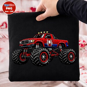 May include: Black tote bag featuring a red monster truck with a Spider-Man design. The truck has large black tires with red rims, a red cab, and a blue stripe. The Spider-Man logo is on the side.