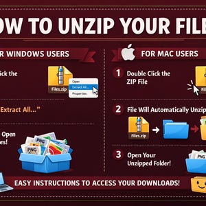May include: An infographic on a burgundy background explains how to unzip files on Windows and Mac. The title reads "HOW TO UNZIP YOUR FILES." Instructions include right-clicking or double-clicking a ZIP file, extracting all, and opening the unzipped folder.