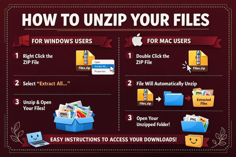 May include: An infographic on a burgundy background explains how to unzip files on Windows and Mac. The title reads "HOW TO UNZIP YOUR FILES." Instructions include right-clicking or double-clicking a ZIP file, extracting all, and opening the unzipped folder.