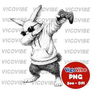 May include: Black and white illustration of a rabbit wearing sunglasses and a hoodie, dabbing while holding a video game controller. The image includes the text "VigoVibe PNG 300-DPI" in a red circle.