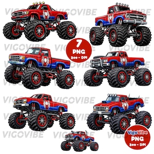 May include: Set of seven illustrations of red and blue monster trucks with large tires. Each truck features a spider emblem. The image includes the text "7 PNG 300-DPI" and the Vigovibe logo.