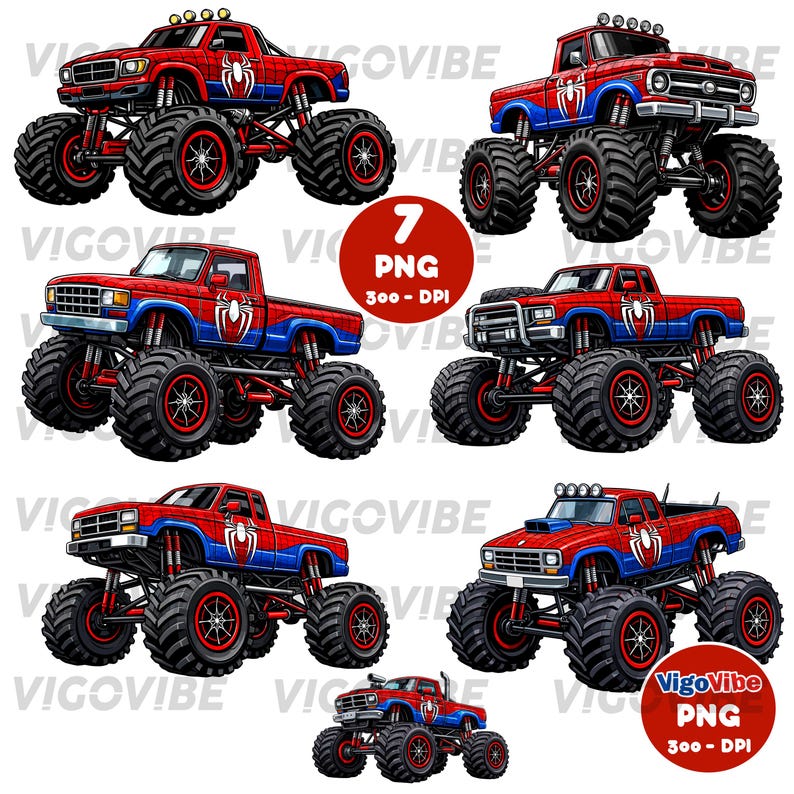 May include: Set of seven illustrations of red and blue monster trucks with large tires. Each truck features a spider emblem. The image includes the text "7 PNG 300-DPI" and the Vigovibe logo.