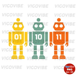 May include: Three colorful robot illustrations. The robots are yellow, teal, and orange, each with a different number on their chest: 01, 10, and 11. The robots have a simple, geometric design.