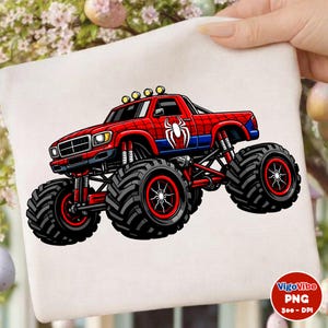 May include: A red and blue monster truck with large black tires and a white spider emblem. The truck has a red body with a spiderweb design and blue accents. The image is on a white background.