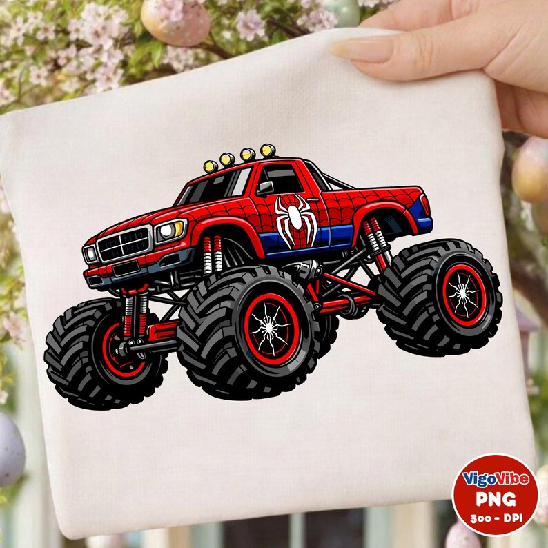 May include: A red and blue monster truck with large black tires and a white spider emblem. The truck has a red body with a spiderweb design and blue accents. The image is on a white background.
