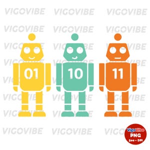 Puede incluir: Tres ilustraciones de robots coloridos. Los robots son amarillos, turquesa y naranja, cada uno con un número diferente en el pecho: 01, 10 y 11. Cada robot tiene una cabeza redonda y una cara sonriente. Incluye el texto "VigoVibe PNG 300-DPI".