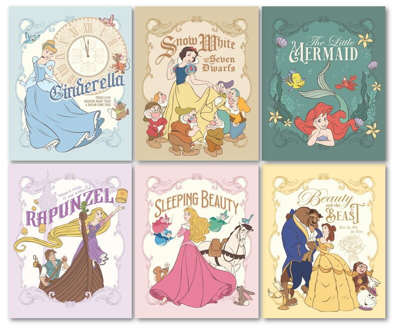 Vintage Disney Princess Wall Art Decor for Girls Bedroom 6 Pcs