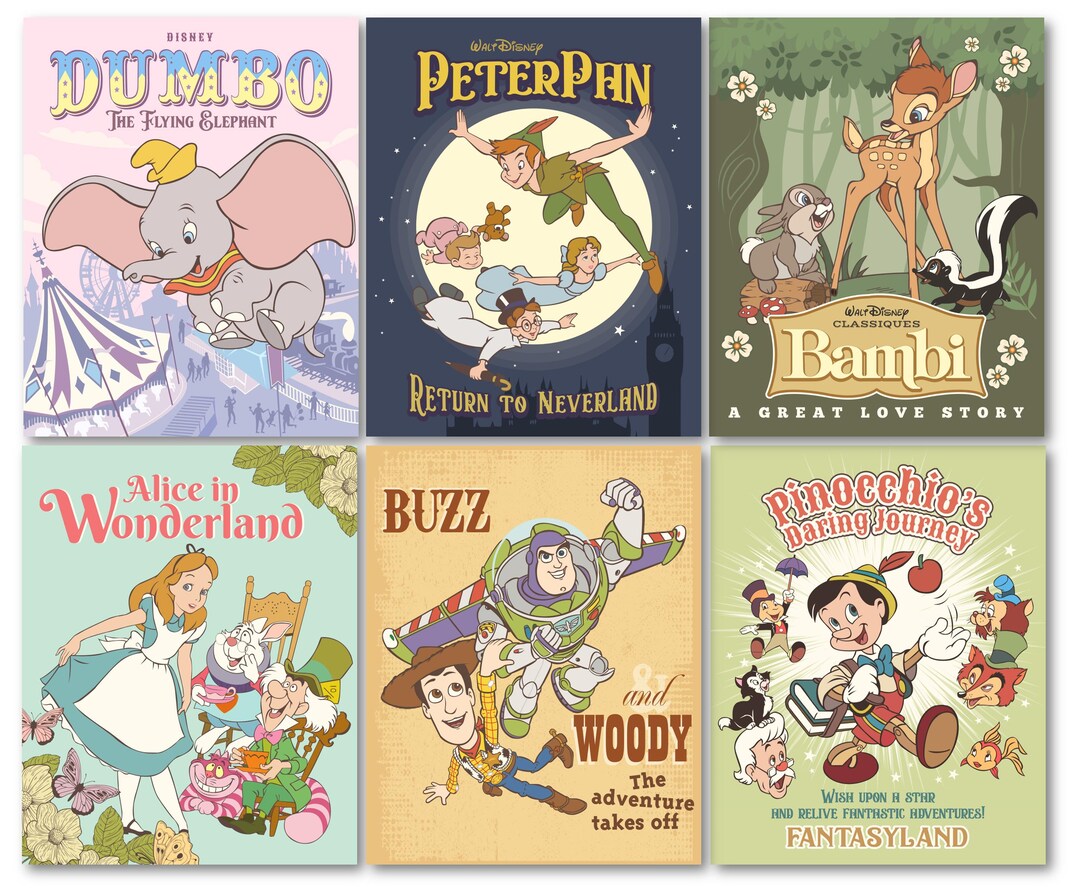 Vintage Disney Wall Art Decor for Girls Bedroom and Boys Room Set of 6 ...