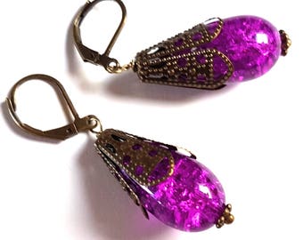 Purple Crackle Glass Teardrop Earrings-Lever Back-Simple Chic Everyday Wear-Fashion Jewelry-Mother's Day Jewellery-Antique Bronze-Pretty