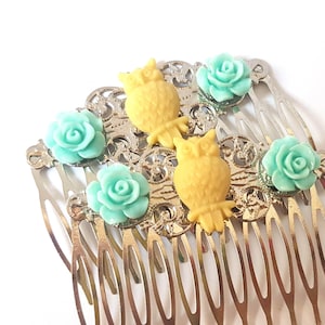 Blue Yellow Owl Hair Combs Woodland-Regency-Shabby Chic Style-Trendy-Wedding Combs-Floral Combs-Stocking Stuffer-Teen Girls-Bird Accessory image 1