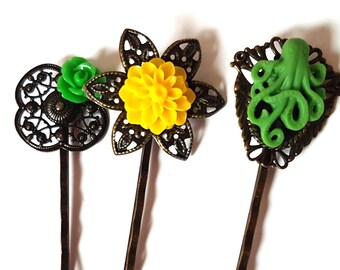 Octopus Bobby Pin Set of 3-Antique Brass-Kraken Hair Pins-Lime Green Hair Slides-Fashion Accessory-Yellow Floral-Cephalopod Fan-Teen Gift