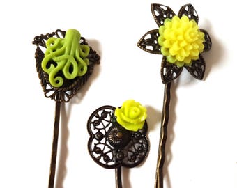 Octopus Bobby Pin Set-Set of 3-Antique Brass-Kraken Hair Pins-Lime Green Hair Slides-Fashion Accessory-Neon Floral-Cephalopod Fans-Teen Gift