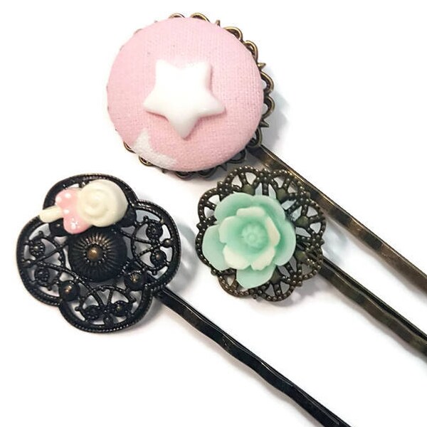 Star Bobby Pins-Lollipop Hair Pins-Kawaii Hair Slides-Flower Hair Clips-Floral Hair Combs-Pink Accessory-Set of 3-Gift for Girls-Star Clip