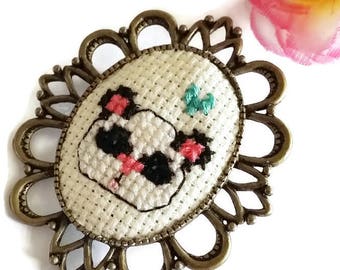 Panda Cross Stitch Brooch - Cute Wearable Art-Fiber Art Pin- Cute Bear Art-Pin Game Strong-Fashion Accessory-Kawaii Style-Panda Lover Gift