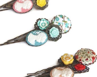 Girl for all Seasons Bobby Pin Set of 4-Cameo Hair Pins-Fashion Accessory-Pretty Patterns-Gifts for Teens-Antique Bronze-Bridesmaid Gift