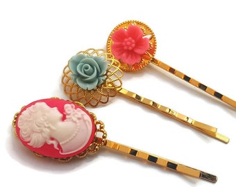 Lady Hair Pins Cameo Bobby Pins Set Of 3 Bridesmaid Gift Gold Etsy
