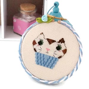 Meowfin Cat Cupcake  Cross Stitch Hoop-Ready to Hang-Wall Art-Kitchen Decor-original design-Cat Sitter Gift-Cat Lady Kitsch-Cupcake Art