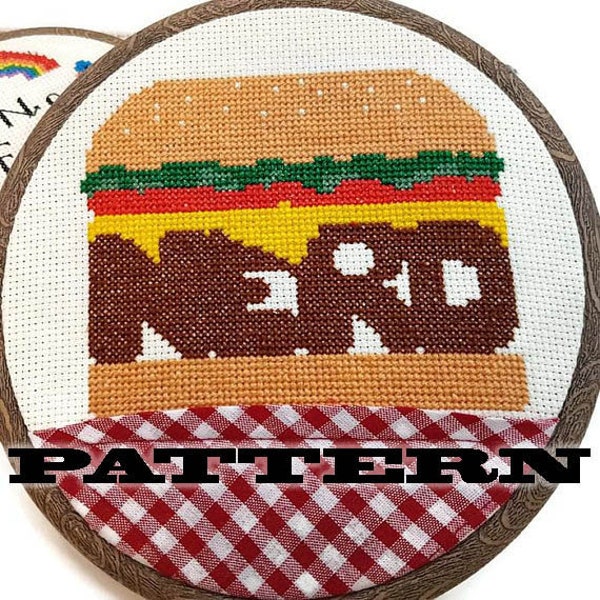 PDF Cross Stitch Pattern Nerd Burger-Burger Art-Gag Gift-DIY-Gifts for Him-Mancave Decor-Insult Pattern-Geekery-Hamburger Art-Restaurant