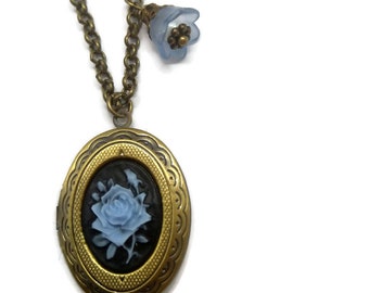 Blue Rose Locket Rose Locket Necklace Victorian Bronze Gift for Her Flower Locket Floral Necklace Simple Locket Cameo Locket Gift for Mom
