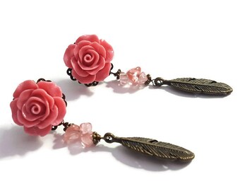 Pink Rose Earrings-Dangle Studs-Feather Earrings-Gemstone Chips-Drop Earrings-Dangle Earrings-Gifts for Her-Fashion Accessory-Cute Earrings