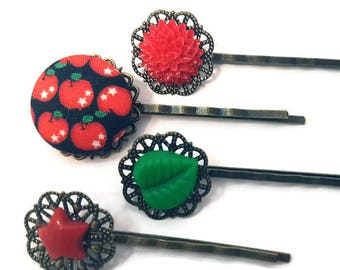 Apple Bobby Pins-Fruit Hair Pins-Leaf Hair Slides-Teacher Gift-Back to School-Red Flower Hair Clips-Apple Hair Combs-Apple Accessory-Floral