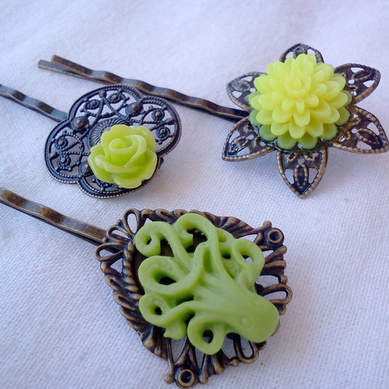Octopus Bobby Pin Set-Set of 3-Antique Brass-Kraken Hair Pins-Lime Green Hair Slides-Fashion Accessory-Neon Floral-Cephalopod Fans-Teen Gift image 6