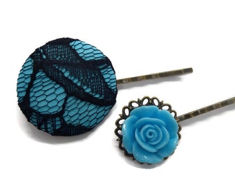 Blue Fabric Covered Bobby Pins-Set of 2-Lace Bobby Pins-Teen Girls-Stocking Stuffer-Hair Accessory-Hair Slides-Button Hair Pins-Cute