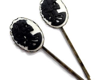 Skull Bobby Pin-Set of 2-Skeleton Cameo-Hair Slides- Goth Pins-Gothic Lolita Hair Pins-Fashion accessory-Cameo Hair Clip-Lady Skull Clip