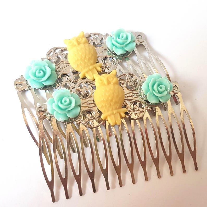 Blue Yellow Owl Hair Combs Woodland-Regency-Shabby Chic Style-Trendy-Wedding Combs-Floral Combs-Stocking Stuffer-Teen Girls-Bird Accessory image 1