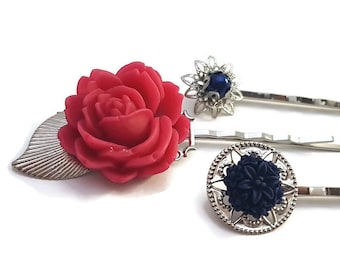 Red Rose Hair Pins- Flower Bobby Pins-Set of 3-Bridesmaid Gift-Blue Hair Clip-Silver Hair Pin-Navy Hair Comb-Pearl Hair Pins-Floral HairPins