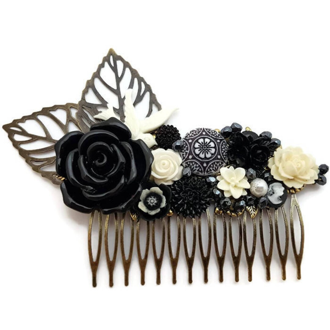 Hair Comb Black Floral Monochromatic Comb Wedding Comb Bridal Comb Prom ...