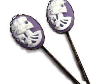 Skull Bobby Pin-Set of 2-Skeleton Cameo-Hair Slides- Goth Pins-Gothic Lolita Hair Pins-Fashion accessory-Cameo Hair Clip-Lady Skull Clip